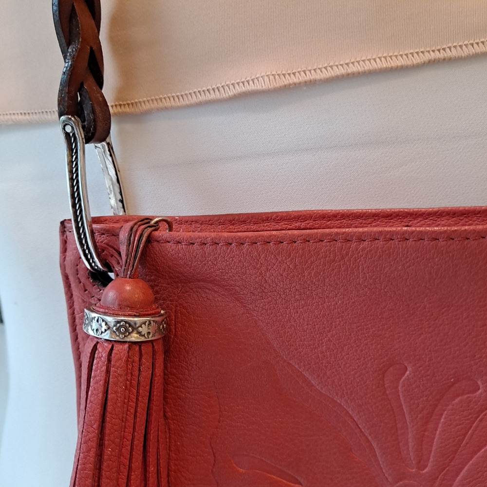 Brighton Coral Butterfly Embossed Crossbody W/Tassel & Genuine Silver Hardware - Picture 3 of 8